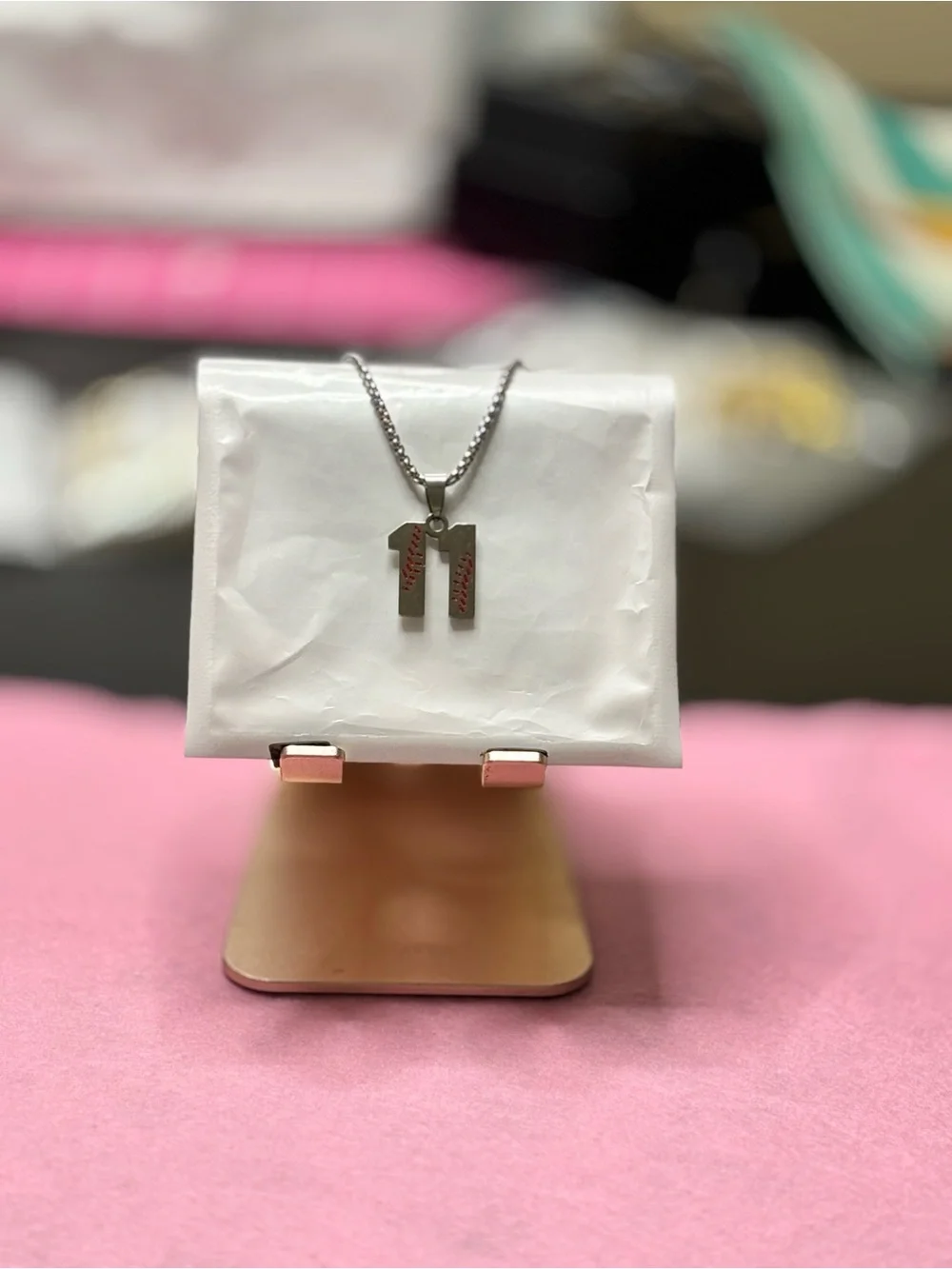 Sliver Number '11' Pendant Necklace with Baseball Red Stitch Detailing